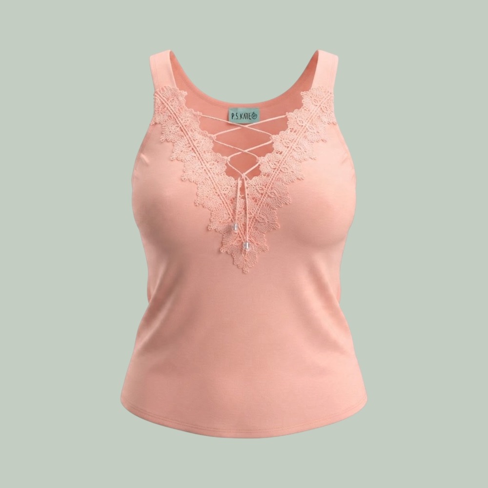 Cpquette Cottagecore Lace Trim Crisscross Neck Tank Women Medium Peach P.S. KATE